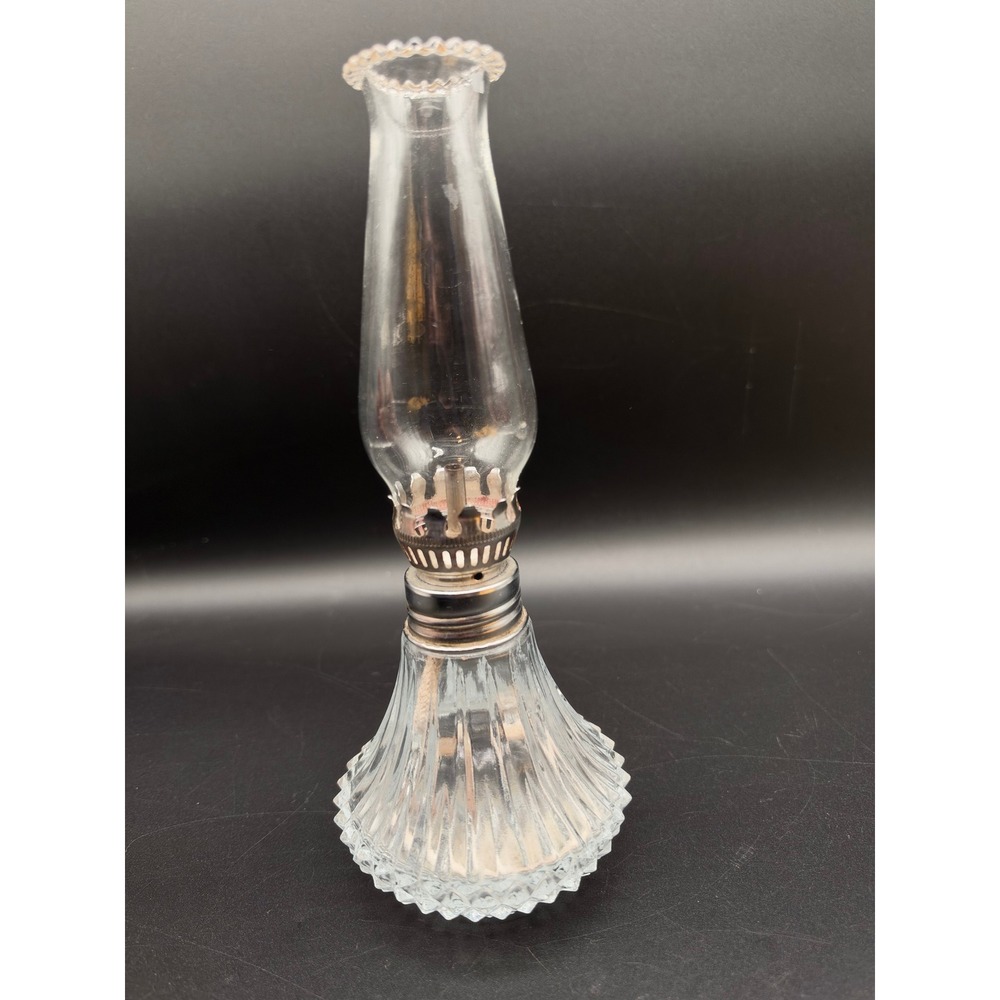 Vintage Glass Oil Lamp Clear Ribbed Base Hurricane Chimney Kerosene Lantern